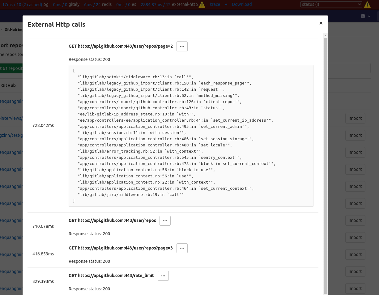 External call details in the Performance Bar